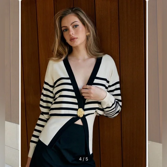Commense Contrast Striped Metal-Button Knit Black and White Striped Cardigan - Picture 4 of 8